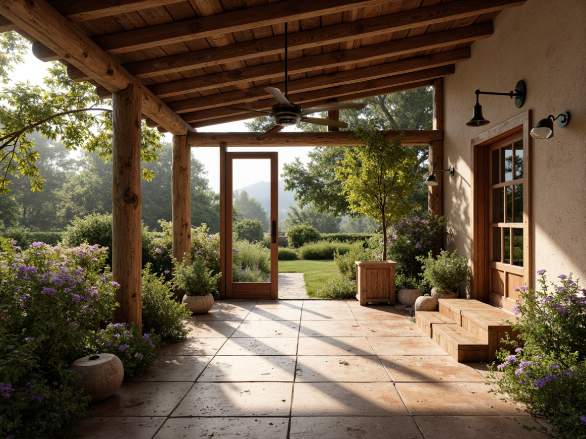 Prompt: Rustic farmhouse, curved lines, organic forms, floral patterns, natural materials, earthy tones, vintage metalwork, distressed wood accents, ornate ceramic tiles, decorative stonework, lush greenery, blooming wildflowers, sunny afternoon, soft warm lighting, shallow depth of field, 3/4 composition, panoramic view, realistic textures, ambient occlusion.