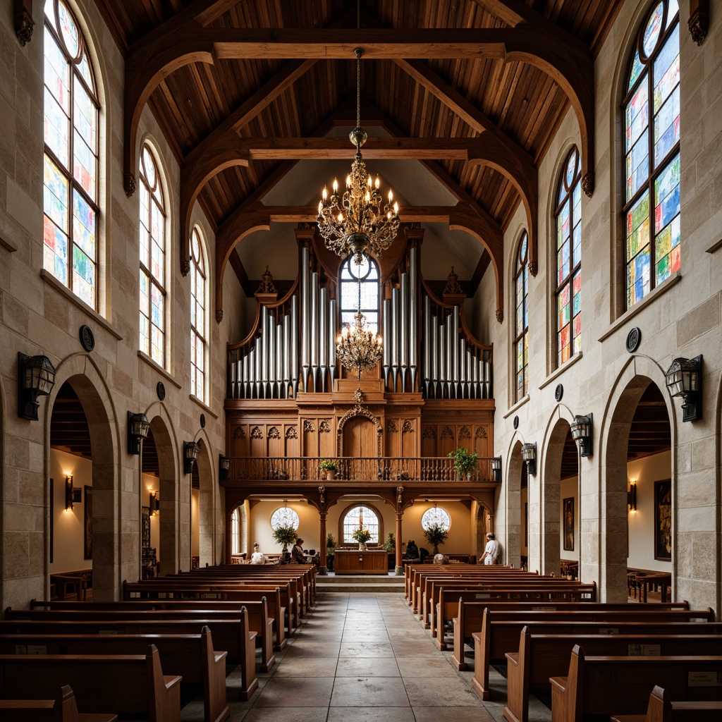 Prompt: Vaulted ceilings, rustic wooden beams, natural stone walls, stained glass windows, grandiose chandeliers, ornate pews, intricate carvings, soft warm lighting, shallow depth of field, 1/1 composition, symmetrical balance, dramatic arches, sacred atmosphere, reverent silence, majestic pipe organs, classic religious icons, vintage wooden accents, earthy color palette, rustic textures, ambient occlusion.