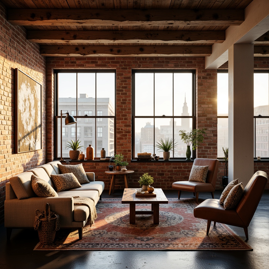 Prompt: Cozy loft apartment, rustic wooden beams, warm ambient lighting, plush throw blankets, soft chunky knit pillows, natural woven baskets, earthy tone ceramics, vintage Moroccan-inspired rugs, distressed leather armchairs, reclaimed wood coffee tables, modern industrial metal lamps, exposed brick walls, large windows with city views, soft morning sunlight, shallow depth of field, 3/4 composition, panoramic view, realistic textures, ambient occlusion.