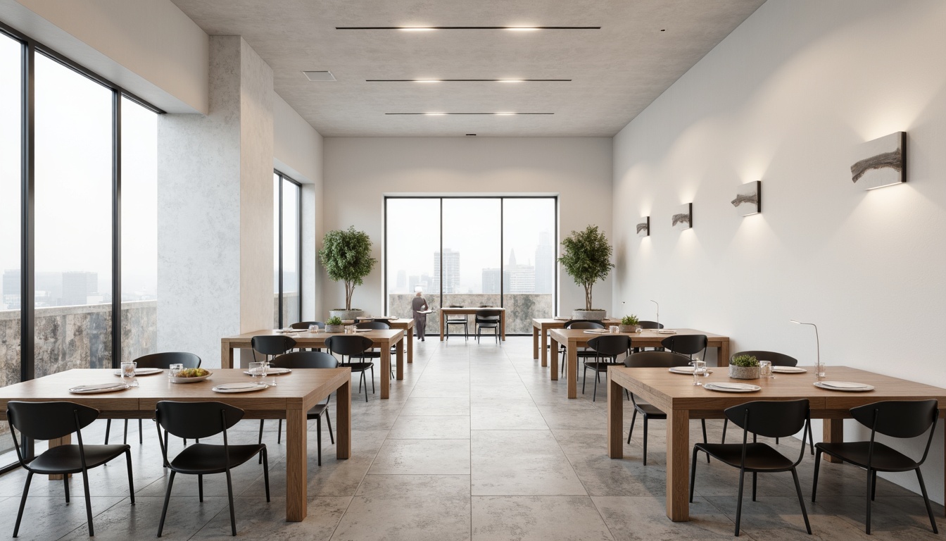 Prompt: Minimalist dining hall, sparse decor, simple lines, monochromatic color scheme, sleek wooden tables, minimalist metal chairs, subtle ambient lighting, natural stone flooring, clean white walls, floor-to-ceiling windows, abundant natural light, 1/1 composition, soft focus, shallow depth of field, realistic textures, ambient occlusion.