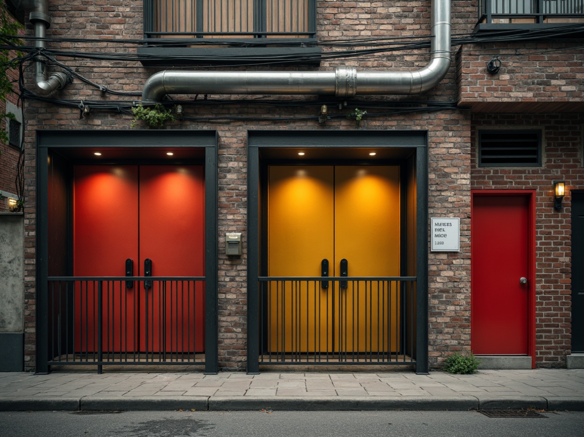 Prompt: Rustic metal enclosures, distressed wood accents, exposed brick walls, industrial piping systems, reclaimed wooden beams, earthy tone color palette, pops of bright yellow, bold red doors, sleek steel railings, minimalist signage, functional lighting fixtures, urban cityscape surroundings, overcast skies, dramatic shadows, high contrast ratio, 1/2 composition, cinematic atmosphere, realistic textures.