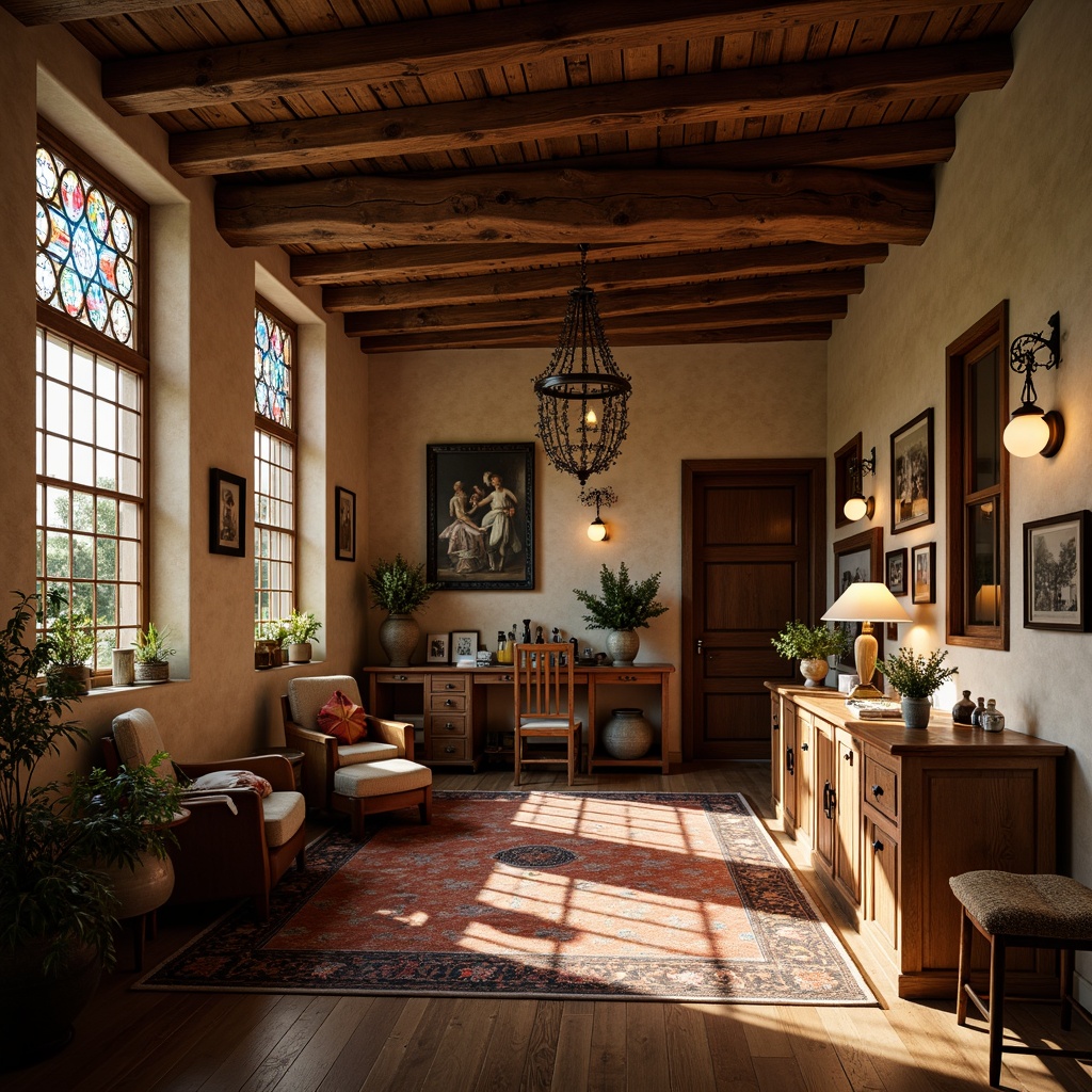 Prompt: Warm craft room, wooden furniture, rustic decor, soft warm lighting, table lamps, floor lamps, warm color tones, cozy atmosphere, traditional craftsmanship, ornate details, rich textures, Renaissance-inspired motifs, stained glass windows, natural light pouring in, warm beige walls, dark wood accents, elegant chandeliers, subtle shadows, 1/2 composition, realistic renderings.