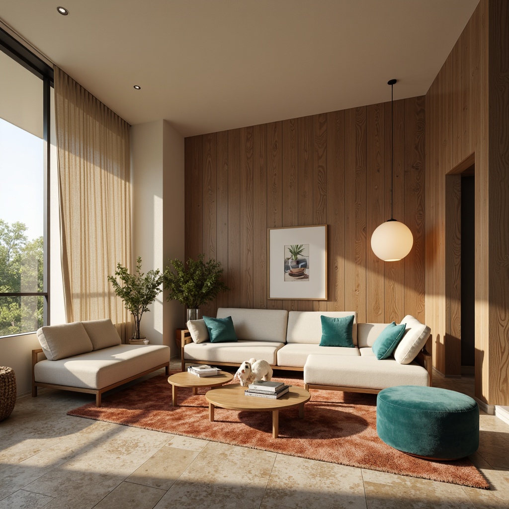 Prompt: Warm beige walls, rich walnut wood furniture, soft cream accents, vibrant turquoise decorative accessories, natural stone flooring, plush area rugs, cozy velvet upholstery, modern minimalist lighting fixtures, soft warm glow, shallow depth of field, 3/4 composition, realistic textures, ambient occlusion.