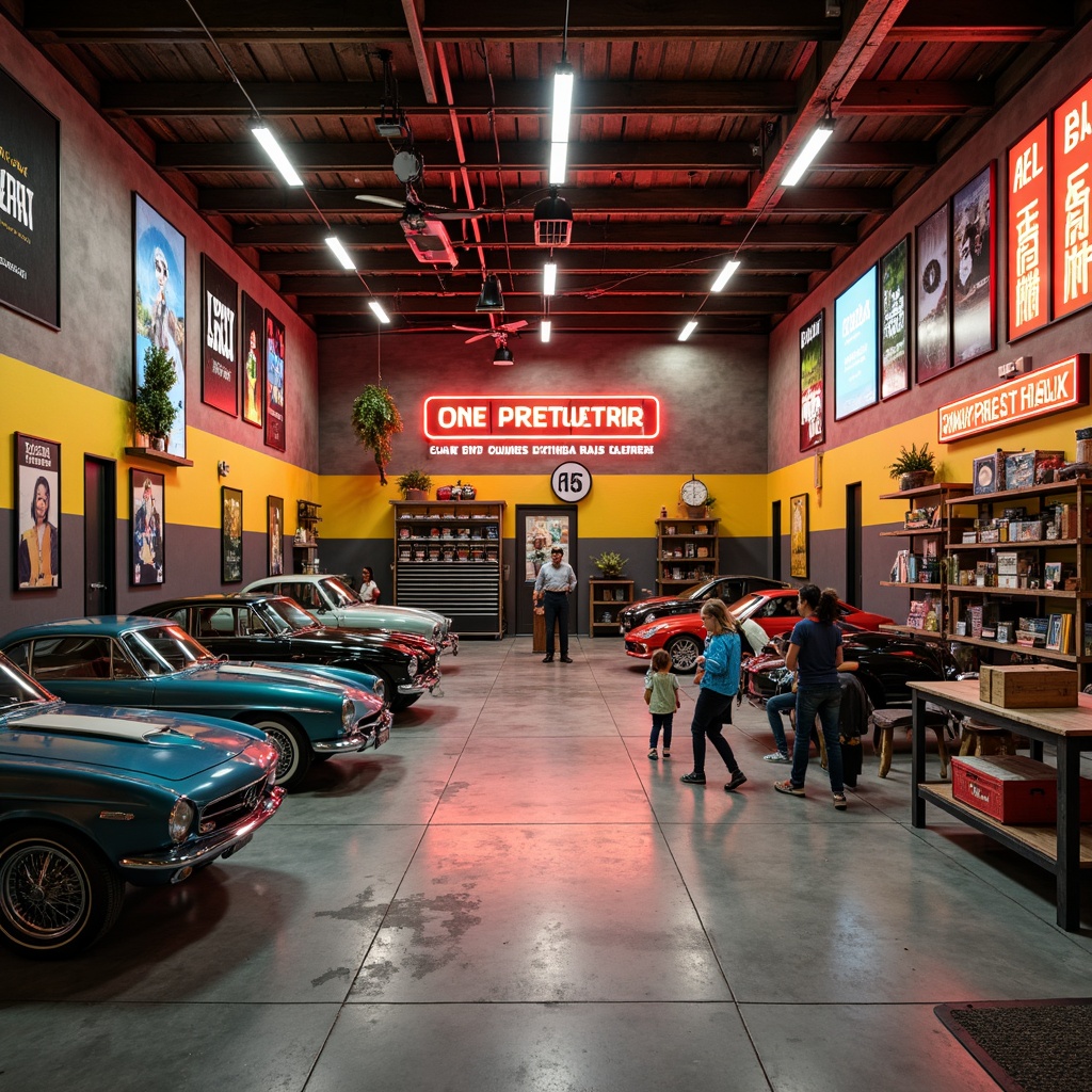 Prompt: Vibrant family garage, industrial chic decor, bold color blocking, distressed wood accents, metallic tones, neon signs, rustic metal beams, concrete floors, vintage car displays, tool workstations, sports equipment storage, modern LED lighting, warm ambient glow, shallow depth of field, 1/1 composition, realistic textures, ambient occlusion.