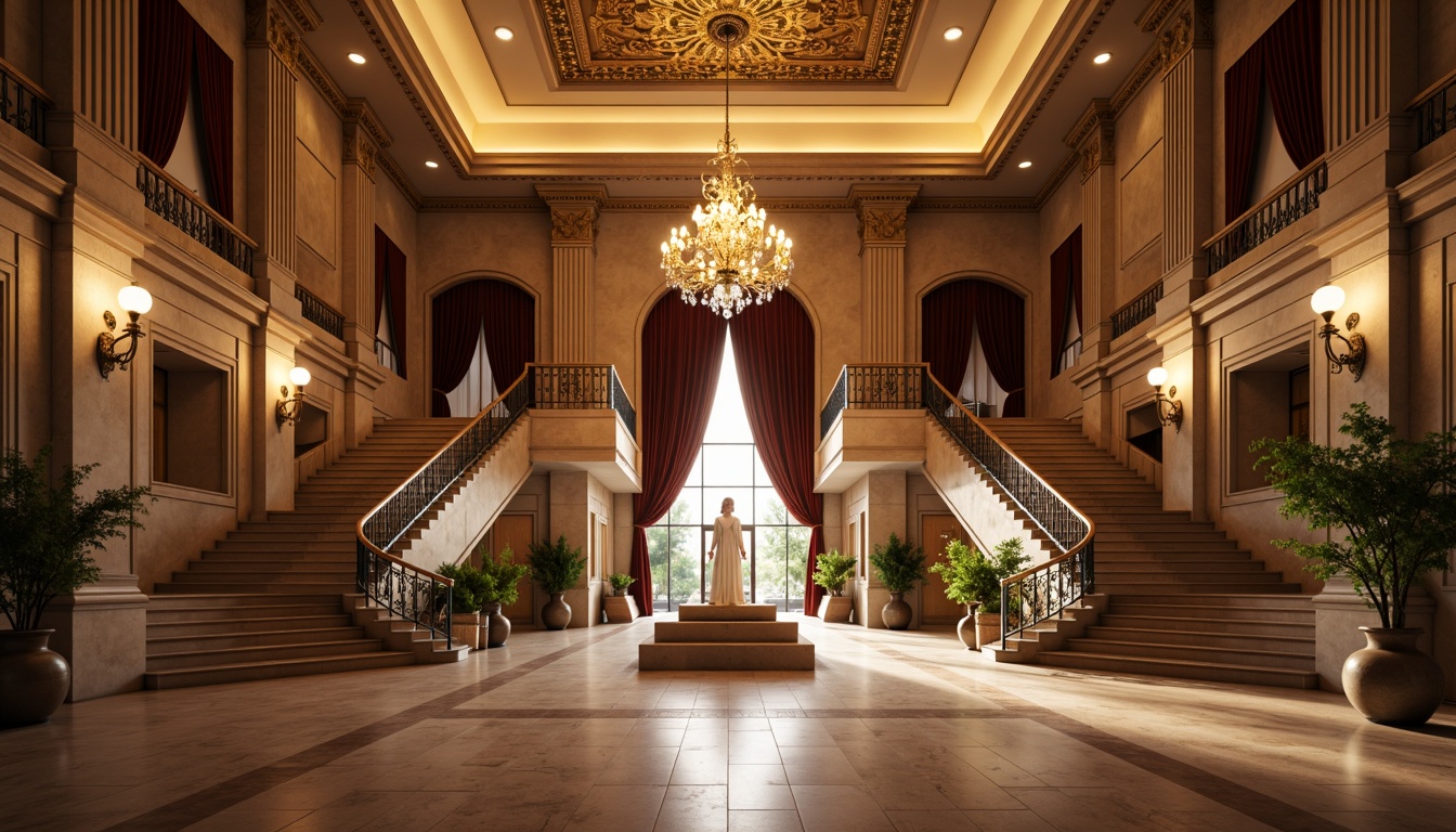 Prompt: \Elegant memorial center, grand entrance hall, sweeping staircases, ornate chandeliers, warm golden lighting, soft ambient glow, subtle spotlighting, majestic columns, intricate moldings, ornate cornices, polished marble floors, luxurious velvet drapes, solemn atmosphere, respectful ambiance, natural stone walls, classical architectural elements, subtle color palette, dramatic high ceilings, symmetrical composition, 1/1 aspect ratio, warm neutral tones, gentle shadows, subtle texture details.\