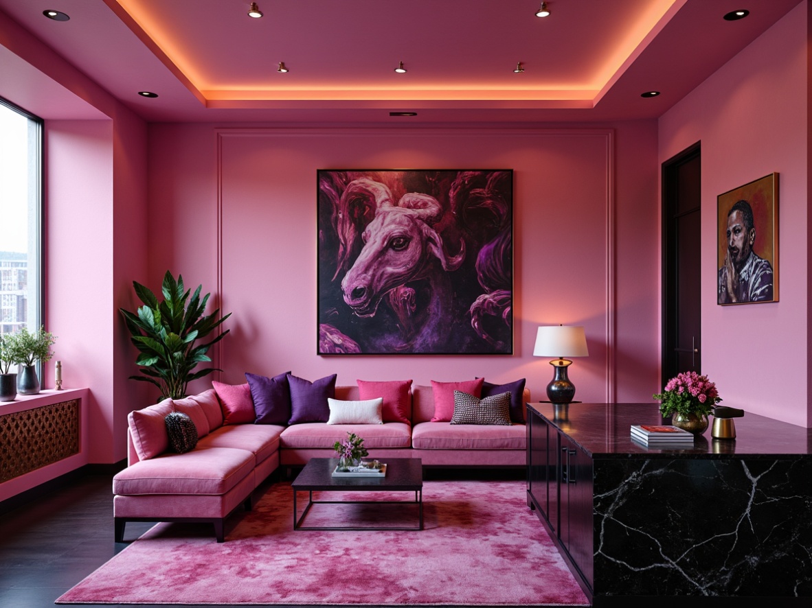 Prompt: Vibrant magenta accent wall, pastel pink hues, iridescent purple undertones, neon coral highlights, metallic rose gold trim, luxurious velvet fabrics, sleek modern furniture, glossy black marble countertops, avant-garde art pieces, eclectic decorative accessories, dimmable LED lighting, shallow depth of field, 1/1 composition, dramatic shadows, high contrast ratio.