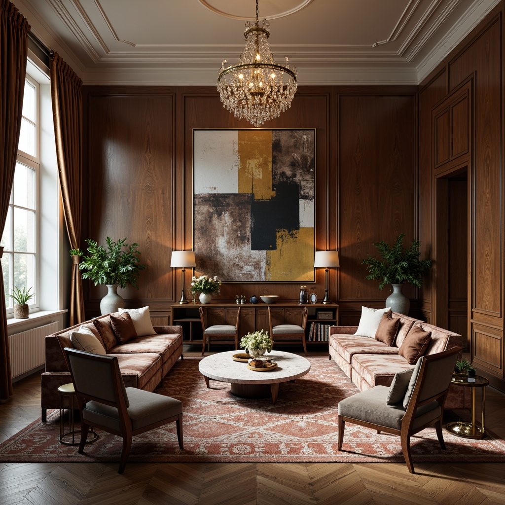 Prompt: Luxurious living room, plush velvet sofas, ornate wooden armchairs, marble coffee tables, geometric patterned rugs, metallic accents, crystal chandeliers, floor-to-ceiling curtains, rich wood paneling, elegant vases, abstract artwork, soft warm lighting, shallow depth of field, 1/1 composition, realistic textures, ambient occlusion.