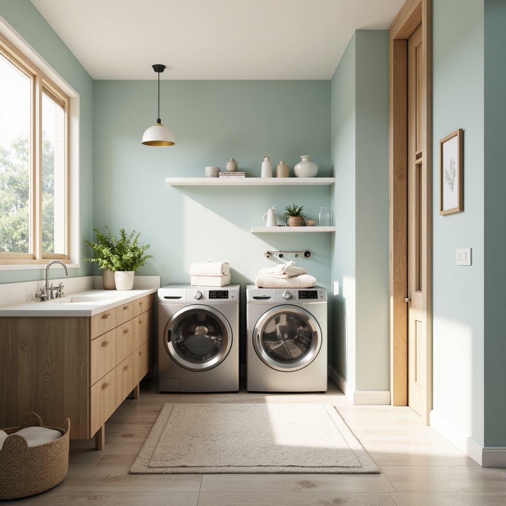 Prompt: Calming laundry room, soft pastel hues, creamy whites, gentle blues, warm beige tones, natural wood accents, sleek metal appliances, minimalist design, plenty of natural light, airy atmosphere, subtle textures, calming ambiance, 3/4 composition, shallow depth of field, realistic renderings.