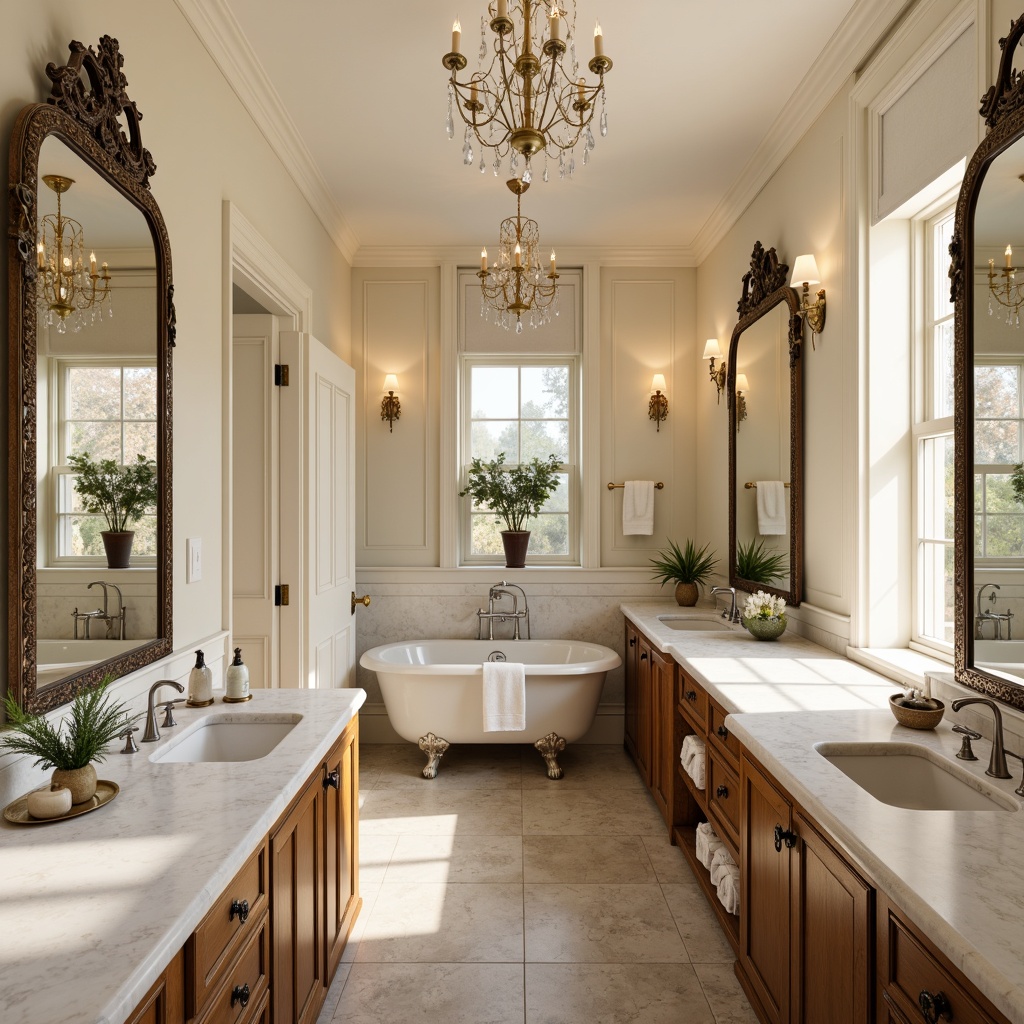 Prompt: Marble countertops, ornate mirrors, elegant chandeliers, soft cream walls, rich wood cabinetry, polished chrome fixtures, vintage-inspired faucets, white ceramic sinks, classic pedestal bathtubs, subtle gray veining, warm beige flooring, natural stone mosaics, ornamental molding, subtle sheen finishes, ambient warm lighting, shallow depth of field, 1/1 composition, realistic textures, soft focus, serene atmosphere.