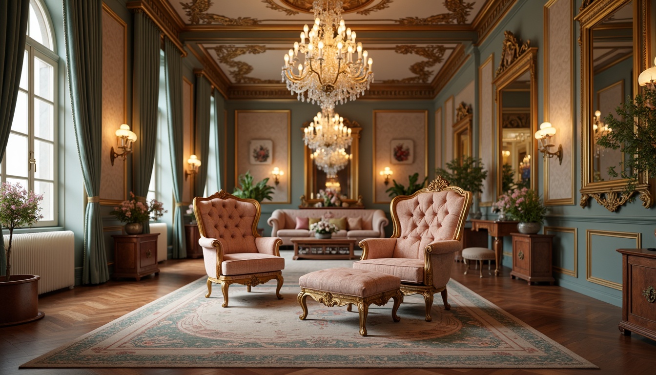 Prompt: Opulent throne-like chair, intricately carved wooden legs, gilded golden accents, plush velvet upholstery, ornate cabriole legs, curved lines, shell-shaped motifs, natural floral patterns, soft pastel colors, luxurious fabrics, tufted ottoman, carved wooden paneling, grandiose chandeliers, sparkling crystals, lavish drapery, French-inspired elegance, Baroque-era influences, highly decorative mirrors, ornamental metalwork, whimsical curved shapes, romantic ambiance, warm golden lighting, shallow depth of field, 1/1 composition.