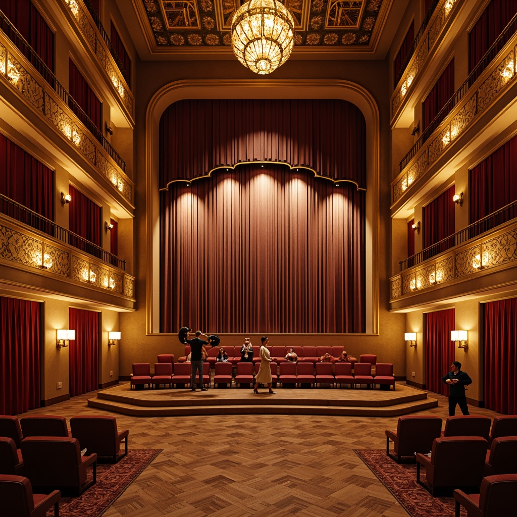 Prompt: Elegant theater interior, wooden flooring, sound-absorbing panels, velvet curtains, ornate chandeliers, plush seating, raised platforms, proscenium arches, dramatic lighting, warm golden tones, rich wood accents, fabric-wrapped walls, acoustic diffusers, geometric patterns, intricate moldings, opulent decorations, grandiose architecture, crystal clear audio, precise sound reproduction, 1/2 composition, shallow depth of field, softbox lighting.