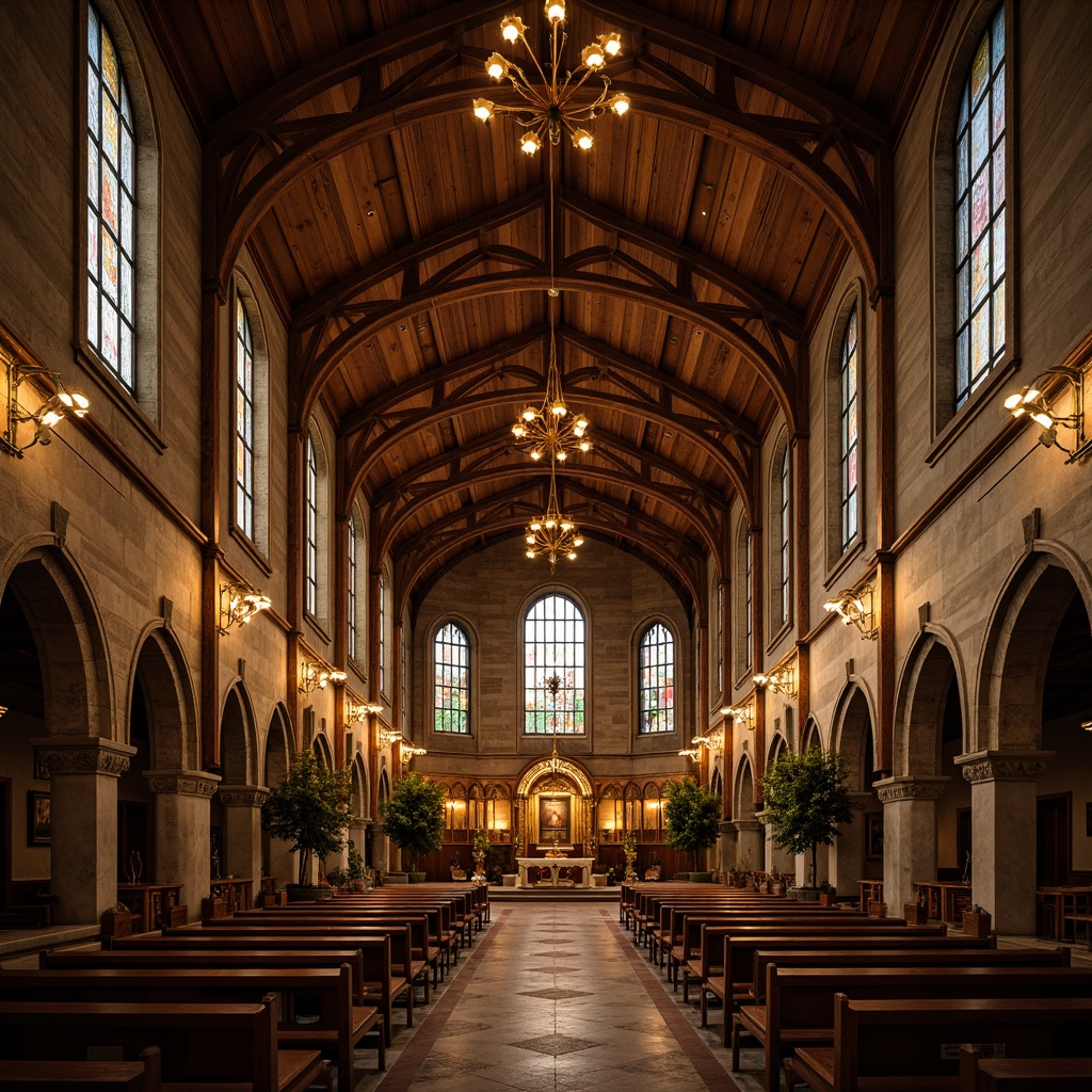 Prompt: Vaulted ceiling, rustic wooden beams, warm golden lighting, stained glass windows, ornate chandeliers, grandiose archways, intricate stone carvings, polished marble floors, majestic altar, solemn atmosphere, dramatic shadows, natural textures, earthy tones, subtle color palette, harmonious proportions, symmetrical composition, realistic renderings, ambient occlusion.