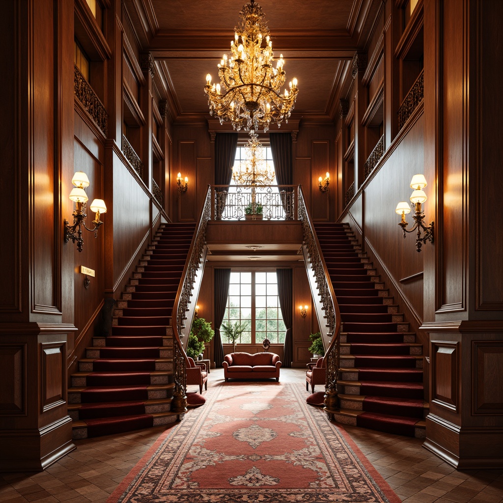 Prompt: Elegant mansion, grand foyer, sweeping staircases, ornate chandeliers, rich wood tones, velvet upholstery, antique furnishings, carved wooden accents, intricate patterns, luxurious fabrics, stately pillars, high ceilings, symmetrical compositions, soft warm lighting, subtle shadows, 1/1 composition, realistic textures, ambient occlusion.