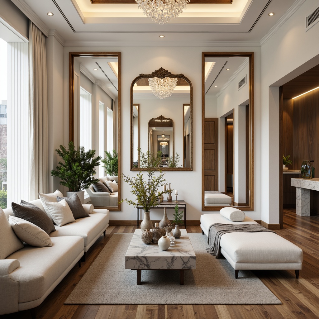 Prompt: Luxurious living room, marble accents, creamy white walls, elegant furnishings, ornate mirrors, crystal chandeliers, polished wooden floors, sophisticated color palette, rich textures, natural stone vases, sleek modern lines, ambient warm lighting, shallow depth of field, 1/1 composition, realistic reflections, soft focus effect.