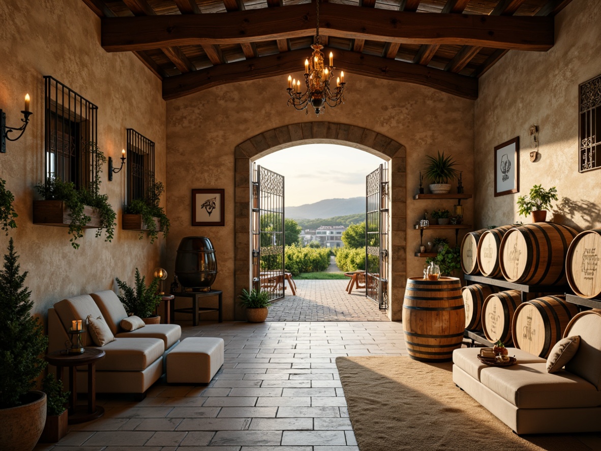 Prompt: Rustic winery, distressed wooden barrels, vintage wine-making equipment, soft warm lighting, earthy color palette, muted shades of sienna, umber, and moss, weathered stone walls, lush greenery, overflowing flower boxes, ornate metal gates, whimsical signage, natural linen fabrics, antique furniture pieces, soft pastel hues, romantic candlelight, warm beige tones, creamy whites, elegant chandeliers, ornate wooden accents, French country-inspired decor, idyllic vineyard views, serene sunset ambiance, shallow depth of field, 1/1 composition, dreamy focus effect.This prompt includes the main subject (winery), its characteristics (shabby-chic style), setting (rustic and earthy), environment (lush greenery and overflowing flower boxes), lighting (soft warm lighting and romantic candlelight), and camera settings (shallow depth of field, 1/1 composition, and dreamy focus effect).