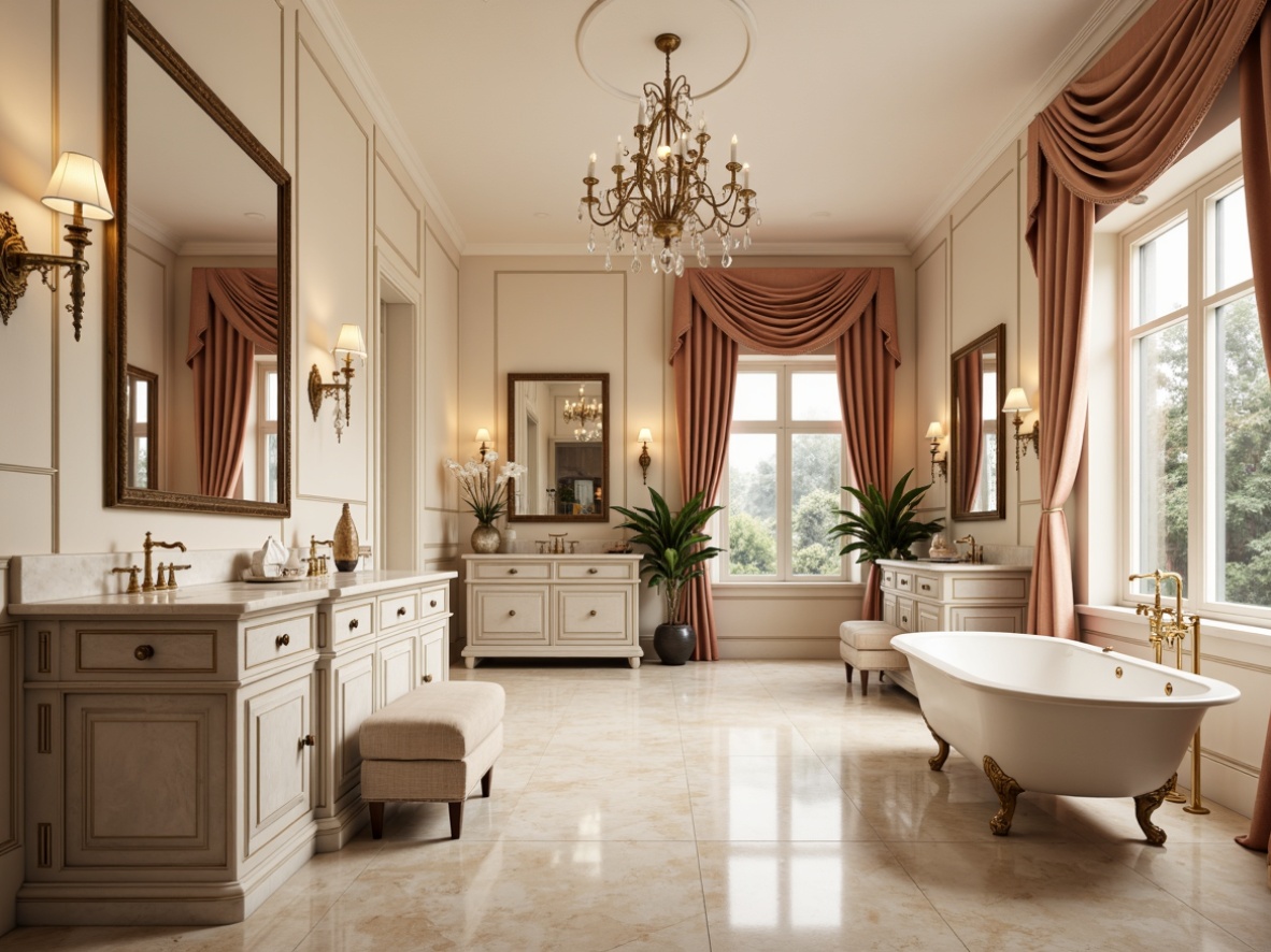 Prompt: Elegant bathroom, soft cream walls, warm beige floors, ornate gold fixtures, crystal chandeliers, freestanding tubs, Victorian-era inspired furniture, white Carrara marble countertops, subtle gray veining, gentle candlelight, natural stone accents, ornamental moldings, distressed wood cabinetry, rich velvet drapes, soft peach hues, calming ambiance, warm neutral tones, 1/1 composition, shallow depth of field, realistic textures.