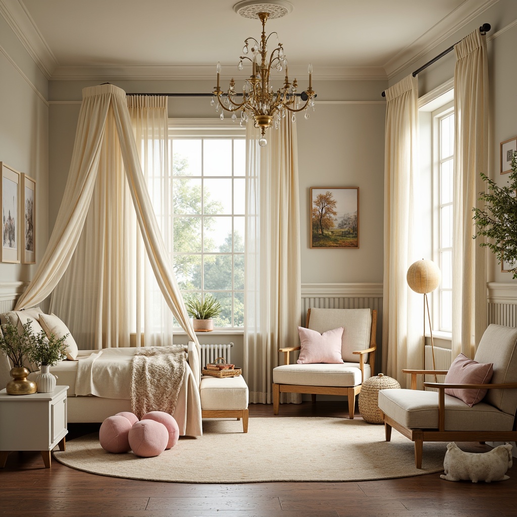 Prompt: Whimsical nursery, soft pastel hues, creamy whites, warm beige, gentle peach, soothing sage, pale lavender, iridescent blues, gold accents, intricate floral patterns, organic shapes, flowing curves, ornate furnishings, delicate lace, velvet textiles, subtle sheen, warm golden lighting, shallow depth of field, 2/3 composition, romantic atmosphere.