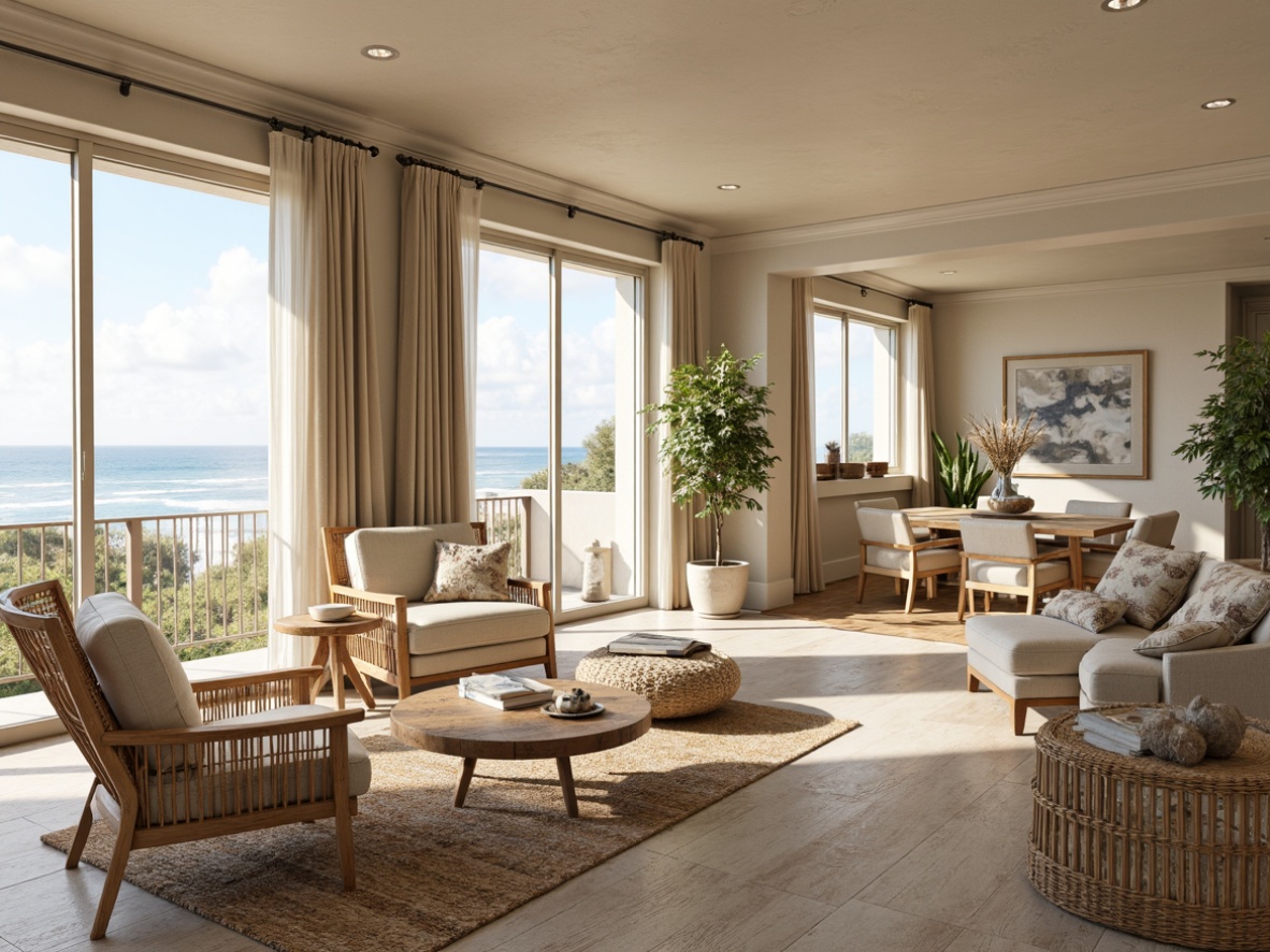 Prompt: Coastal-style apartments, weathered wood accents, driftwood furniture, sea-salt air, ocean-inspired color palette, soft beige walls, natural fiber rugs, woven rattan chairs, distressed wooden floors, coral-patterned textiles, shells and pebbles decorations, floor-to-ceiling windows, sliding glass doors, beachy views, warm sunlight, gentle ocean breeze, 1/1 composition, shallow depth of field, realistic textures, ambient occlusion.