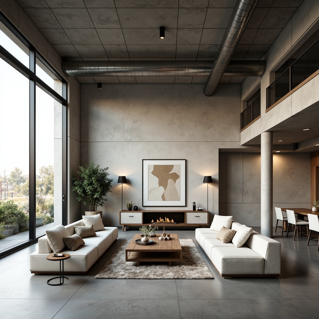 Prompt: Minimalist living room, sleek low-profile furniture, polished concrete floors, industrial chic exposed ductwork, modern abstract art pieces, floor-to-ceiling windows, natural light-filled ambiance, calm neutral color palette, matte black metal accents, subtle texture contrasts, soft warm lighting, 1/1 composition, realistic reflections, ambient occlusion.