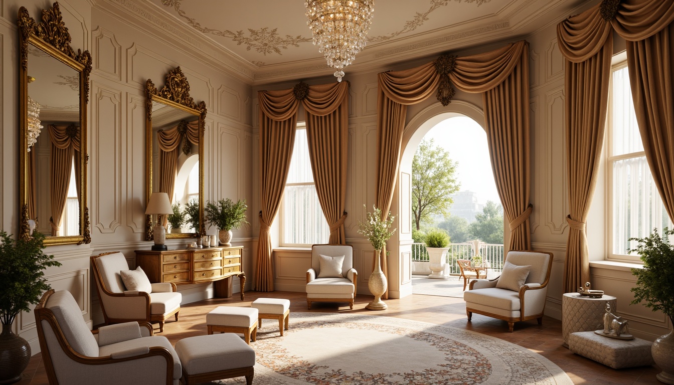 Prompt: Luxurious boudoir, ornate mirrors, gilded frames, crystal chandeliers, velvet drapes, intricate carvings, curved lines, shell-shaped motifs, pastel color palette, soft golden lighting, intimate atmosphere, plush furnishings, delicate porcelain vases, whimsical decorative accents, French-inspired elegance, lavish textiles, richly patterned rugs, subtle Rococo ornamentation, warm beige walls, ornamental plasterwork, grandiose ceiling designs.