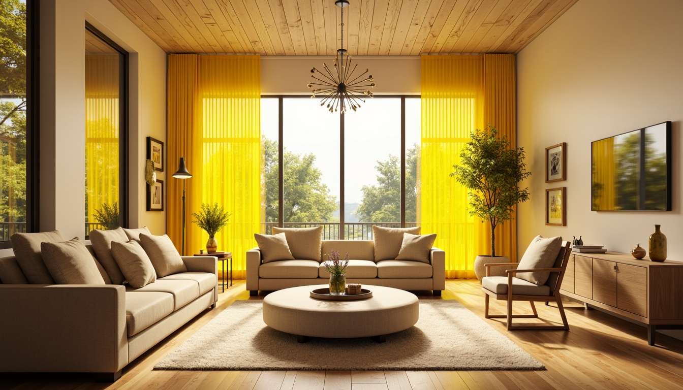 Prompt: Vibrant yellow glass accents, warm sunny day, modern interior design, cozy living room, comfortable seating area, soft cushions, rounded coffee table, natural wood flooring, cream-colored walls, elegant chandelier, subtle color blocking, 1/1 composition, shallow depth of field, realistic textures, ambient occlusion.