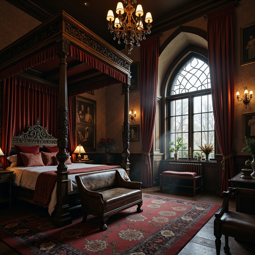 Prompt: Dark academia, mysterious ambiance, ornate wooden furniture, intricately carved four-poster beds, velvet drapes, rich tapestries, luxurious rugs, medieval-inspired decor, grandiose chandeliers, dim warm lighting, dramatic shadows, studded leather armchairs, mysterious artifacts, ancient tomes, mysterious relics, Gothic arches, ribbed vaults, stone walls, ornate metalwork, lavish textiles, mystical symbols, eerie atmosphere, cinematic composition, high contrast, dramatic spotlighting.