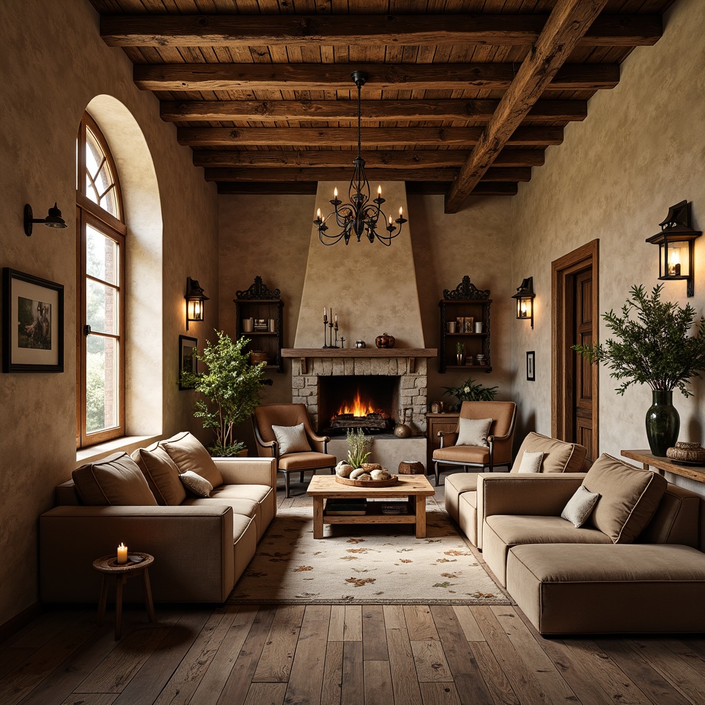 Prompt: Rustic hall, distressed wooden beams, earthy color palette, warm beige tones, natural stone walls, vintage metal lanterns, cozy fireplaces, plush velvet furniture, rich wood textures, intricate carvings, ornate decorations, soft warm lighting, shallow depth of field, 1/1 composition, realistic textures, ambient occlusion.