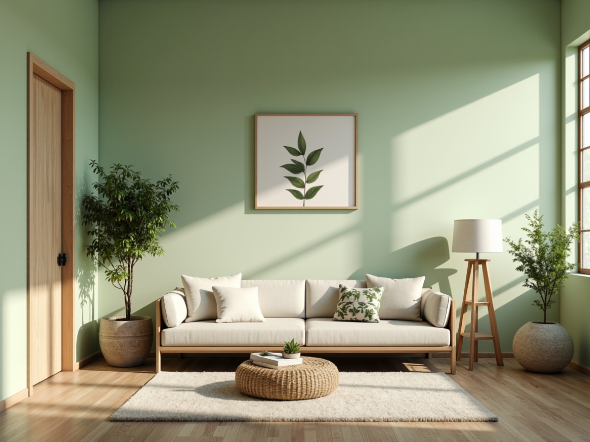 Prompt: Pastel green walls, calming atmosphere, natural textures, wooden accents, minimalist decor, serene ambiance, soft warm lighting, shallow depth of field, 1/1 composition, realistic renderings, ambient occlusion, cozy reading nook, plush couch, floor lamps, botanical prints, creamy whites, earthy tones, organic shapes, subtle patterns, gentle color transitions, soothing mood, relaxing environment.