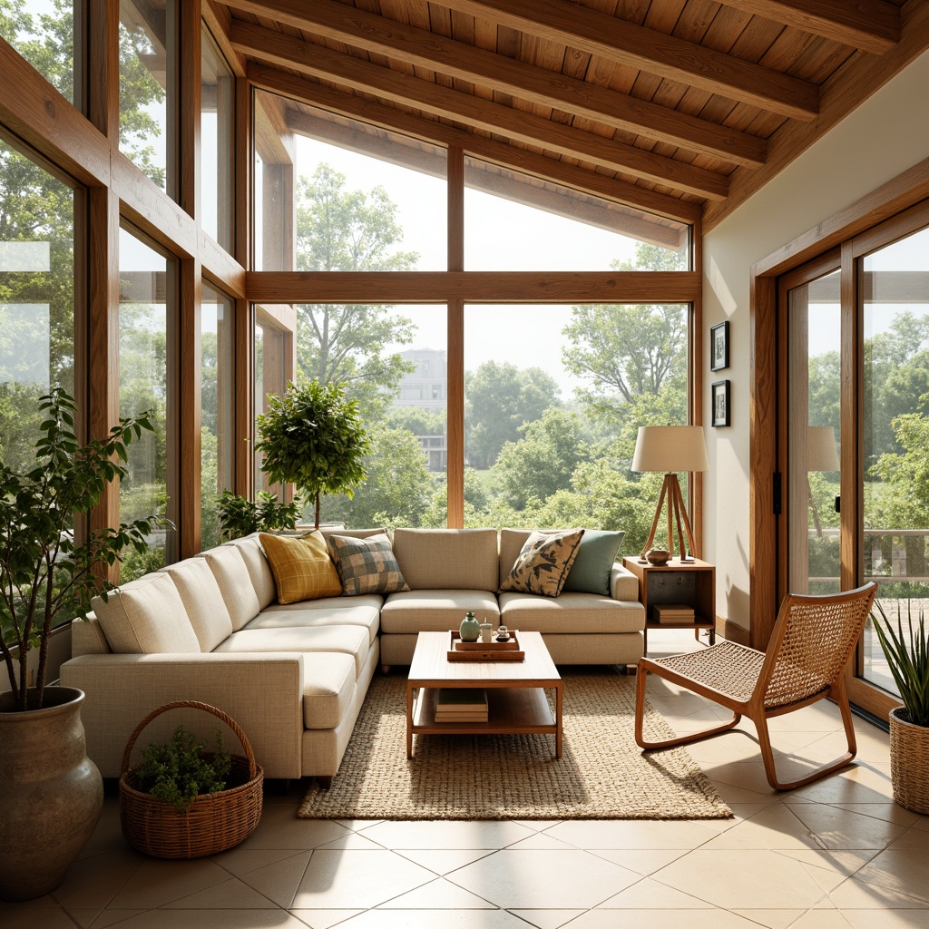 Prompt: Warm sunroom, natural light, earthy tones, wooden accents, creamy whites, rich walnut, vintage turquoise, sunny yellow, organic textures, geometric patterns, minimalist decor, sleek lines, retro-inspired furniture, lush greenery, botanical prints, woven wicker, rattan chairs, floor-to-ceiling windows, sliding glass doors, warm beige flooring, cozy throw blankets, soft diffused lighting, 1/1 composition, realistic reflections.