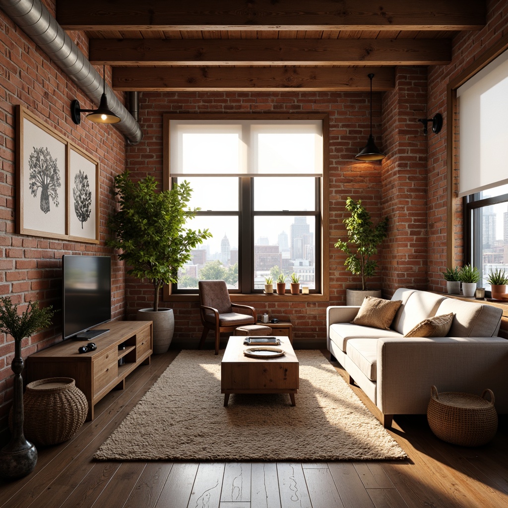 Prompt: Cozy loft apartment, exposed brick walls, wooden ceiling beams, plush area rugs, comfortable sofas, warm lighting fixtures, soft cushions, woven baskets, natural fiber textiles, earthy color palette, minimalist decor, industrial chic style, metal accents, reclaimed wood furniture, urban skyline views, large windows, sheer curtains, sunny afternoon, gentle warm lighting, shallow depth of field, 1/1 composition, realistic textures, ambient occlusion.