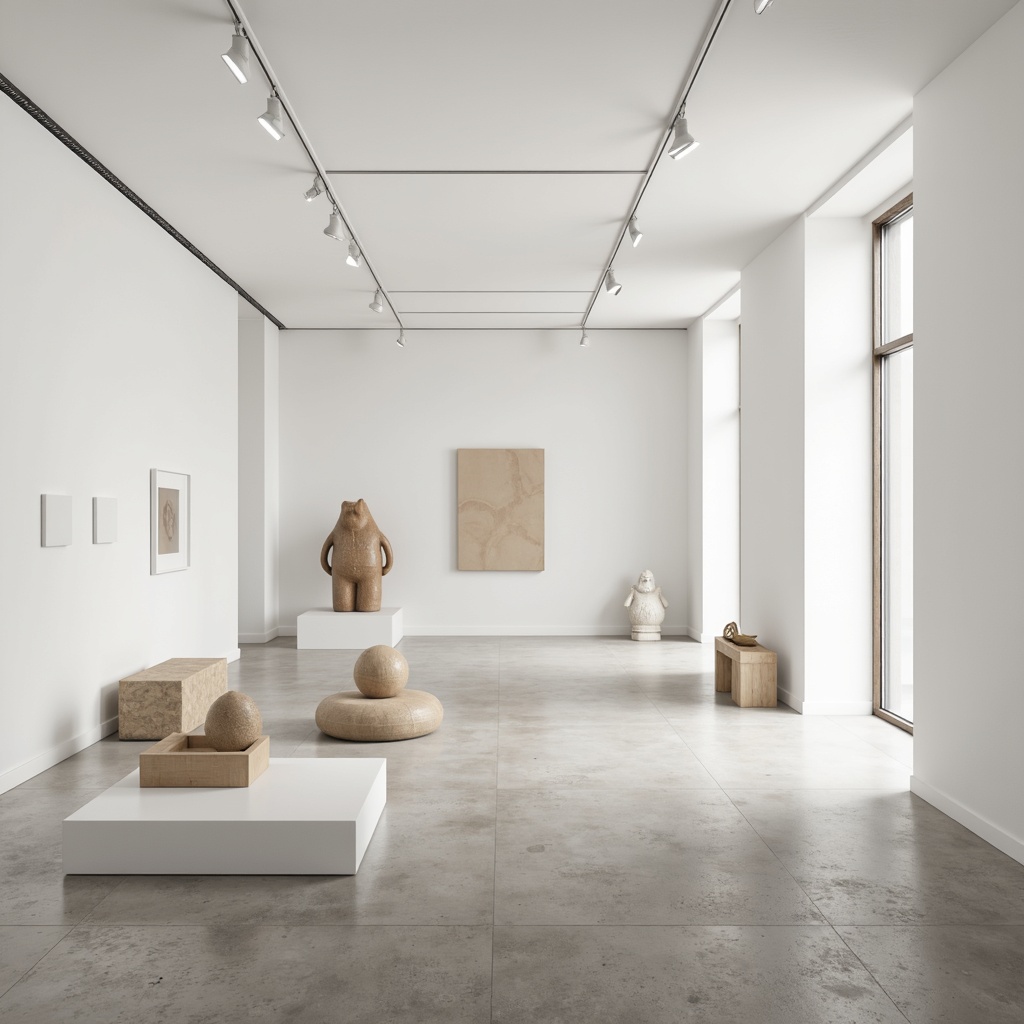 Prompt: Monochromatic art gallery, minimalistic interior, white walls, polished concrete floor, sleek track lighting, contemporary artwork, geometric sculptures, neutral color palette, soft pastel hues, warm beige tones, matte finishes, subtle textures, clean lines, simple compositions, empty space, natural light pouring in, 1/1 composition, shallow depth of field, realistic reflections.