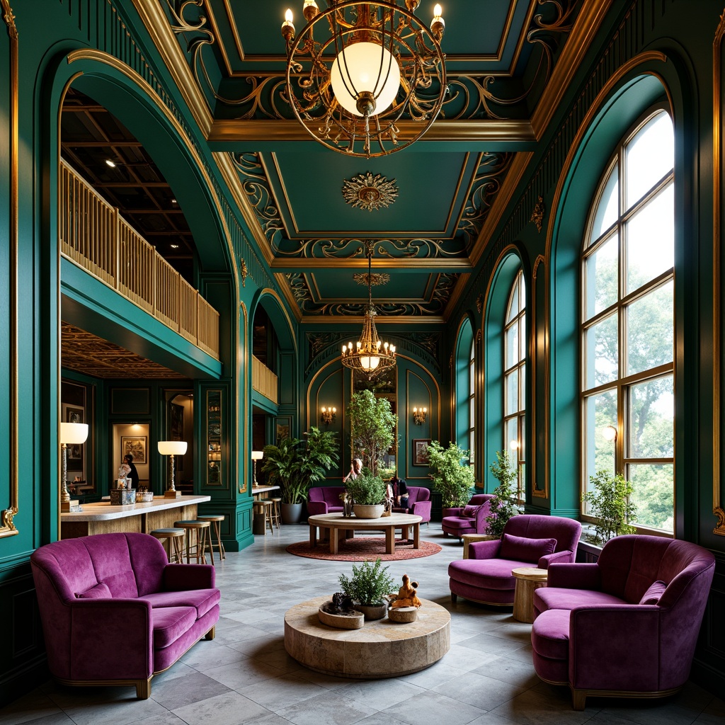 Prompt: Luxurious Art Nouveau interior, rich jewel tones, emerald green, sapphire blue, amethyst purple, golden accents, ornate metalwork, flowing curves, organic patterns, velvet upholstery, marble countertops, intricately carved wood panels, grand chandeliers, warm soft lighting, shallow depth of field, 1/1 composition, realistic textures, ambient occlusion.