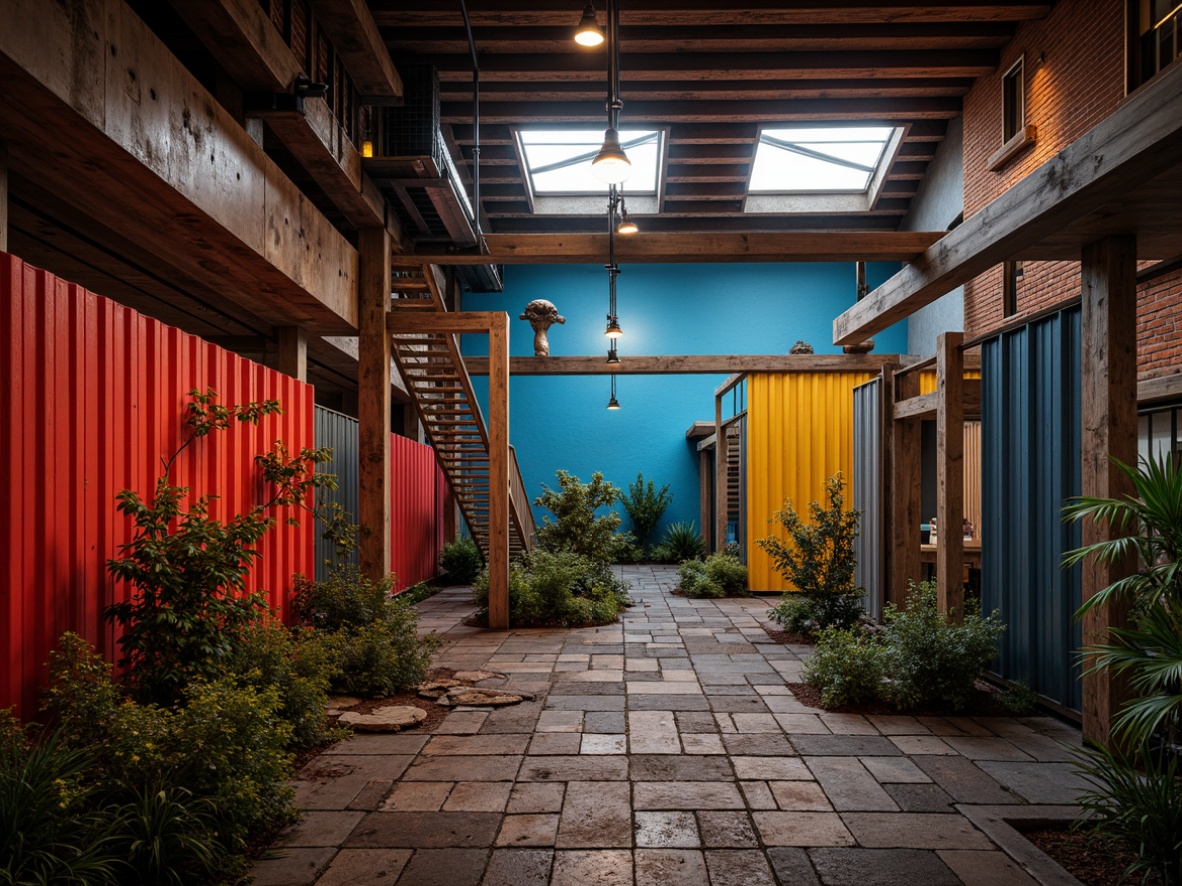 Prompt: Exposed brick walls, metal beams, industrial pipes, distressed wood accents, bold color blocking, vibrant reds, deep blues, bright yellows, urban jungle atmosphere, modern zoological facilities, open-air enclosures, natural stone pathways, rustic steel gates, reclaimed wood fencing, dramatic spotlights, high-contrast shadows, 1/2 composition, asymmetrical framing, gritty textures, atmospheric fog effects.