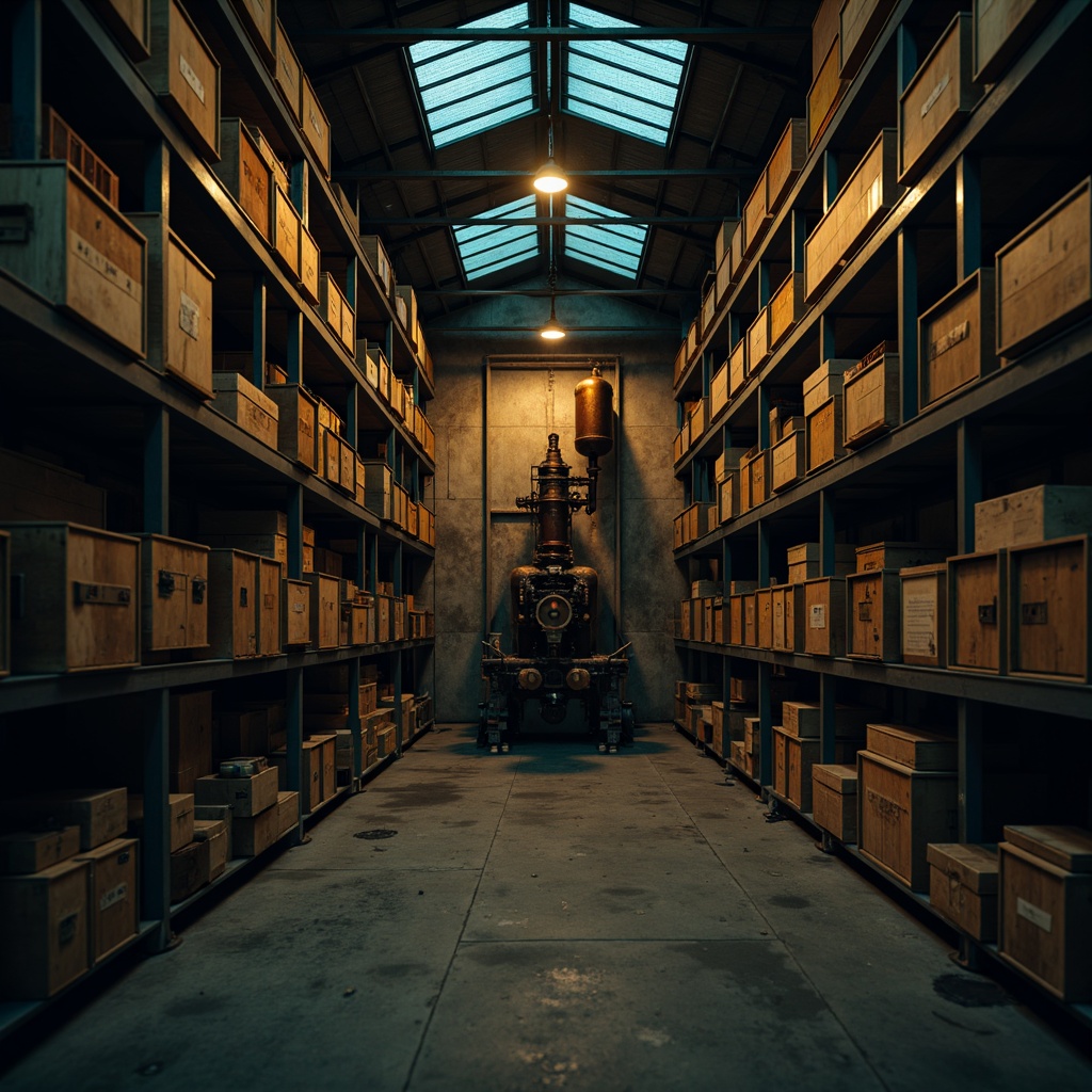 Prompt: Moody storage room, dimly lit atmosphere, industrial metal shelves, worn wooden crates, distressed concrete walls, vintage rusty machinery, earthy tone color palette, muted brown hues, deep blue accents, warm golden lighting, soft focus blur, 1/2 composition, cinematic framing, high contrast ratio, realistic textures, ambient occlusion.Let me know if this meets your expectations!