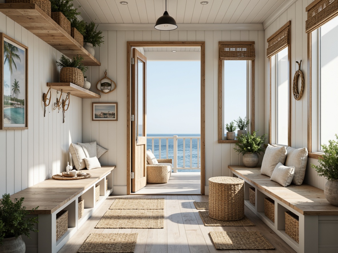 Prompt: Driftwood accents, natural woven fibers, soft ocean breezes, calming beachy atmosphere, functional storage benches, woven rattan baskets, distressed wood shelving, nautical rope details, driftwood gray walls, white shiplap ceilings, rustic metal hooks, woven jute rugs, ocean-inspired color palette, warm sunny lighting, shallow depth of field, 1/1 composition, realistic textures, ambient occlusion.