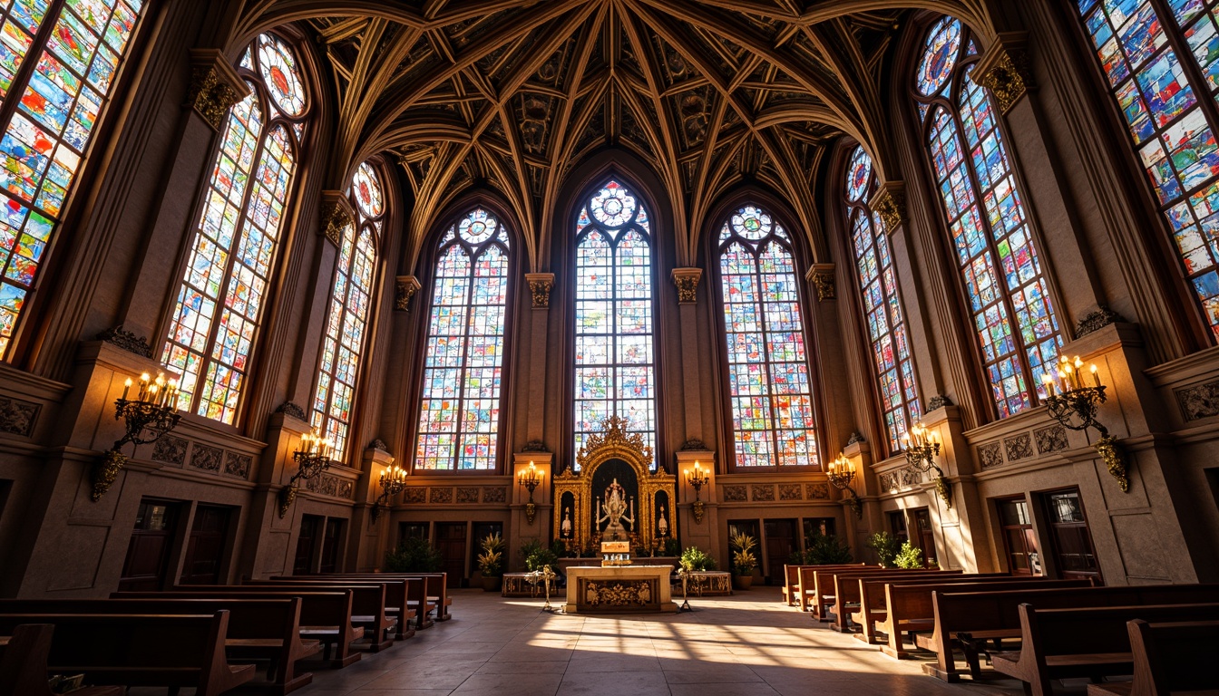 Prompt: Vibrant stained glass windows, geometric patterns, luxurious materials, ornate fixtures, opulent chandeliers, grandiose cathedrals, majestic altarpieces, intricate mosaics, Byzantine influences, sacred symbolism, spiritual ambiance, soft warm lighting, shallow depth of field, 1/1 composition, panoramic view, realistic textures, ambient occlusion.