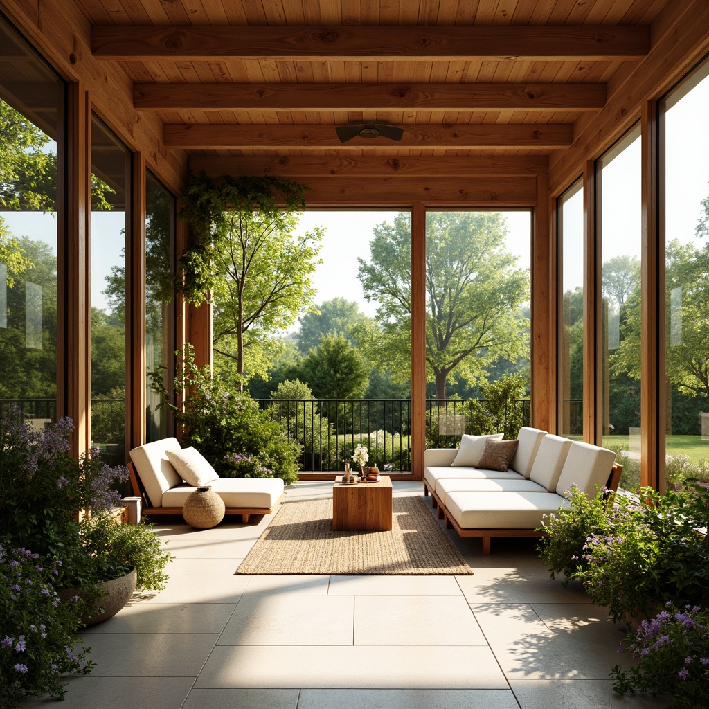 Prompt: Vibrant sunroom, mid-century modern style, large windows, sliding glass doors, natural stone flooring, wooden accents, minimalist decor, lush greenery, blooming plants, warm sunny day, soft gentle lighting, shallow depth of field, 1/1 composition, panoramic view, realistic textures, ambient occlusion, comfortable seating areas, plush cushions, geometric patterns, earthy color palette.