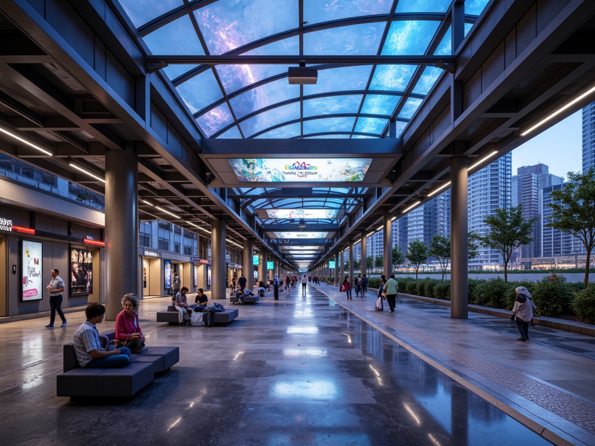 Prompt: Futuristic bus station, sleek metal framework, glowing neon lights, holographic advertisements, transparent glass roofs, cantilevered seating areas, minimalist benches, angular support columns, iridescent floor tiles, ambient LED lighting, soft futuristic soundscapes, panoramic city views, 3/4 composition, shallow depth of field, vibrant colorful accents, innovative sustainable materials, smart transit systems, real-time bus tracking displays, dynamic digital signage, interactive passenger interfaces.