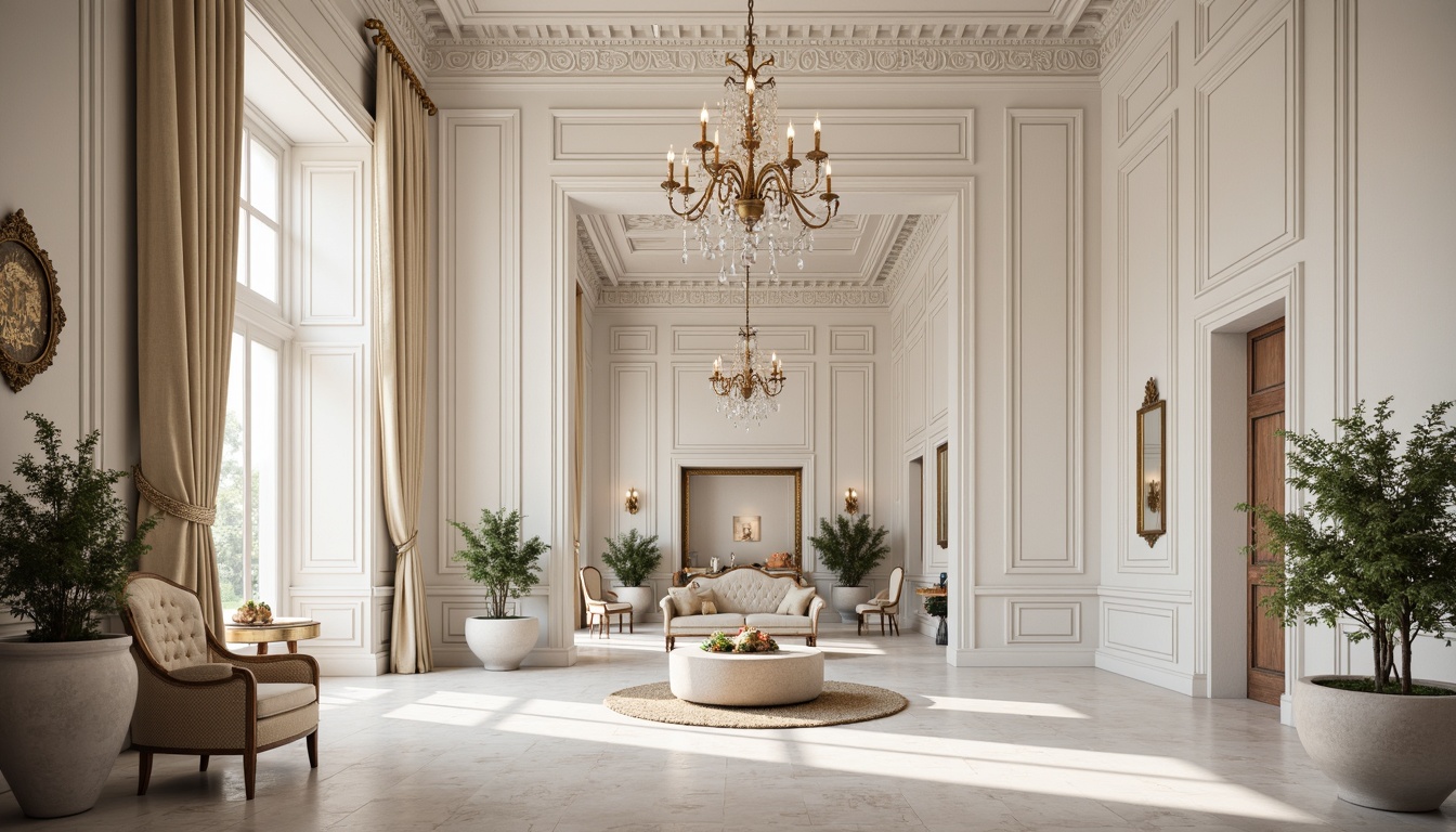 Prompt: Elegant neoclassical interior, ornate molding details, white marble walls, grand chandeliers, intricate carvings, symmetrical compositions, refined furniture legs, tufted upholstery, lavish drapery, subtle color palette, soft warm lighting, shallow depth of field, 1/1 composition, realistic textures, ambient occlusion, sophisticated atmosphere, high ceilings, ornate mirrors, gilded frames, classicism-inspired patterns, luxurious fabrics, meticulous craftsmanship.