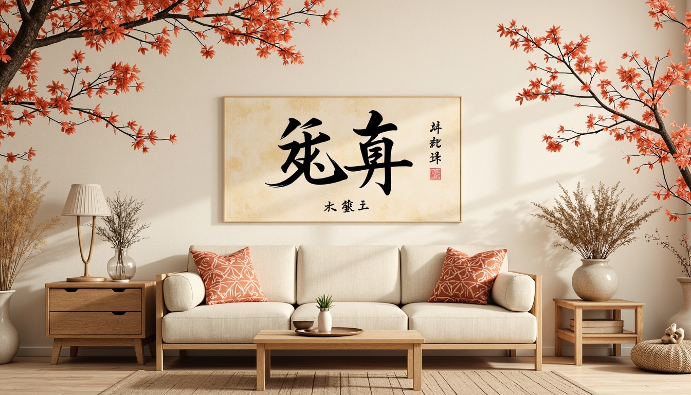 Prompt: Vibrant Asian-inspired wall art, traditional Japanese Kanji characters, elegant cherry blossom branches, subtle golden accents, rich silk fabrics, intricate Indian mandalas, bold Chinese calligraphy, serene Buddha statues, warm beige tones, natural wood textures, minimalist composition, shallow depth of field, 1/2 composition, soft warm lighting, realistic brushstrokes, ambient occlusion.