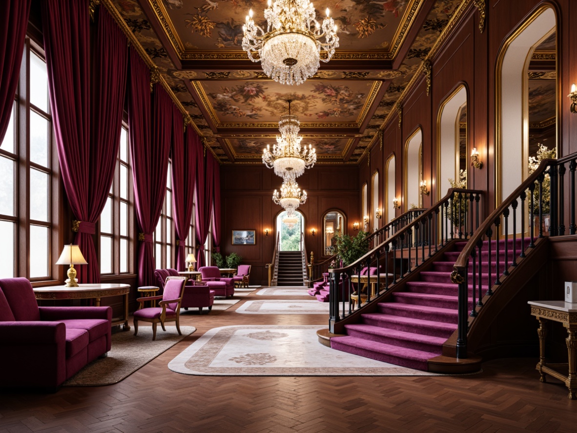 Prompt: Luxurious velvet drapes, ornate golden frames, lavish crystal chandeliers, rich mahogany woodwork, intricate fresco ceilings, grandiose staircases, opulent marble countertops, lavish purple upholstery, gilded mirrors, Baroque-inspired architectural elements, dramatic spotlights, warm soft glow lighting, shallow depth of field, 1/1 composition, panoramic view, realistic textures, ambient occlusion.