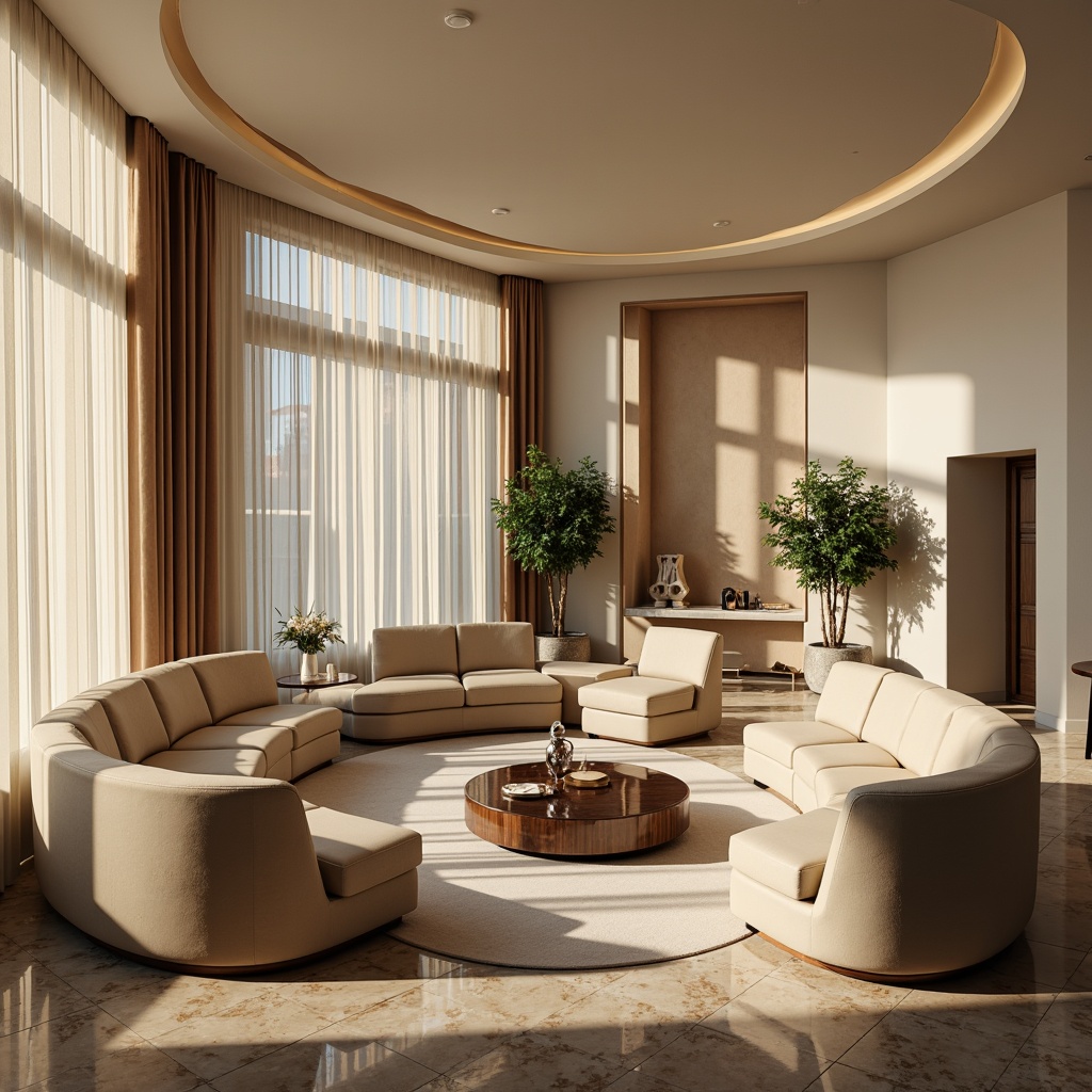 Prompt: Luxurious living room, sweeping curved lines, smooth rounded furniture, velvety soft cushions, warm beige walls, polished chrome accents, elegant marble flooring, flowing drapery, circular coffee table, minimalist decor, abundant natural light, softbox lighting, shallow depth of field, 1/1 composition, realistic textures, ambient occlusion.