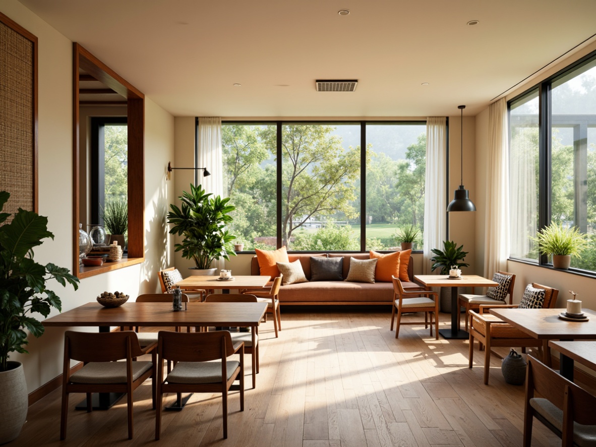 Prompt: Mid-century modern dining room, wooden flooring, creamy walls, large windows, natural light, minimalist decor, sleek lines, organic shapes, Eames chairs, walnut tables, geometric patterns, bold color accents, vintage lighting fixtures, woven textiles, rattan details, lush greenery, potted plants, warm ambient lighting, shallow depth of field, 2/3 composition, realistic wood textures.