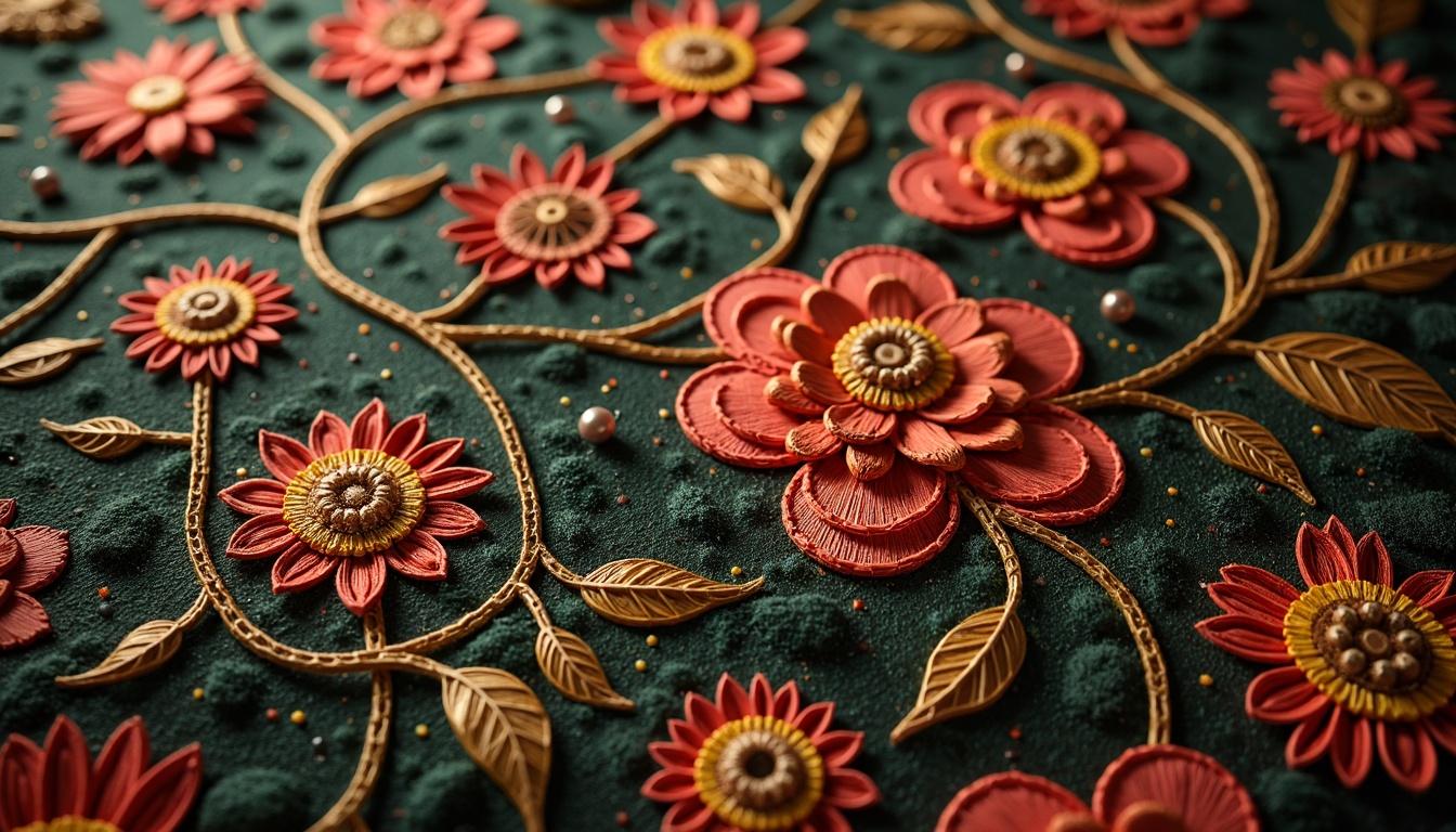 Prompt: Intricate floral patterns, sinuous lines, organic shapes, rich jewel tones, velvet fabrics, ornate embroidery, beaded accents, luxurious silk textiles, soft warm lighting, shallow depth of field, 3/4 composition, realistic textures, ambient occlusion, whimsical illustrations, vintage color palette, curved furniture silhouettes, botanical motifs, natural materials, earthy undertones, subtle sheen, tactile surfaces.