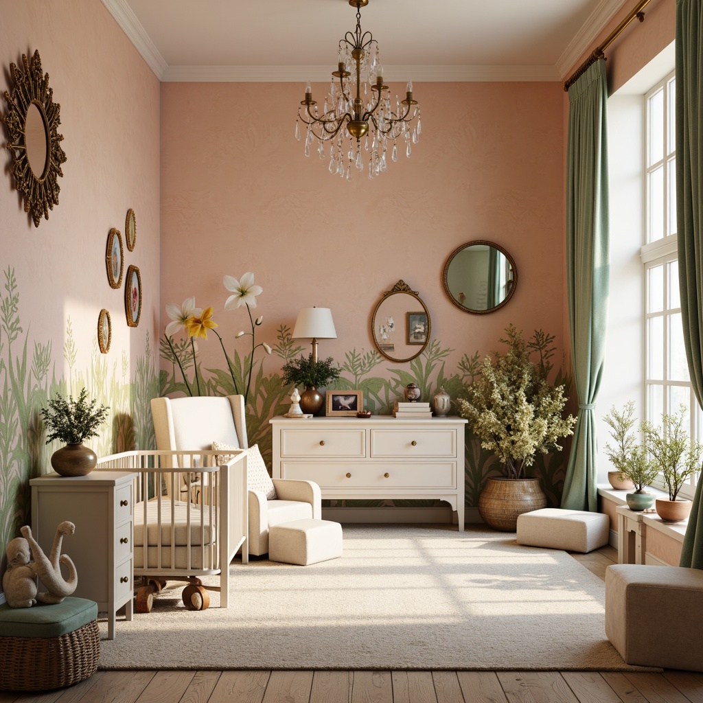 Prompt: Whimsical nursery, soft peach walls, creamy white furniture, pastel green accents, delicate florals, organic shapes, intricate patterns, golden hardware, ornate mirrors, plush carpets, velvet drapes, warm candlelight, dreamy atmosphere, gentle curves, flowing lines, natural textures, antique toys, vintage decorations, elegant chandeliers, romantic ambiance.