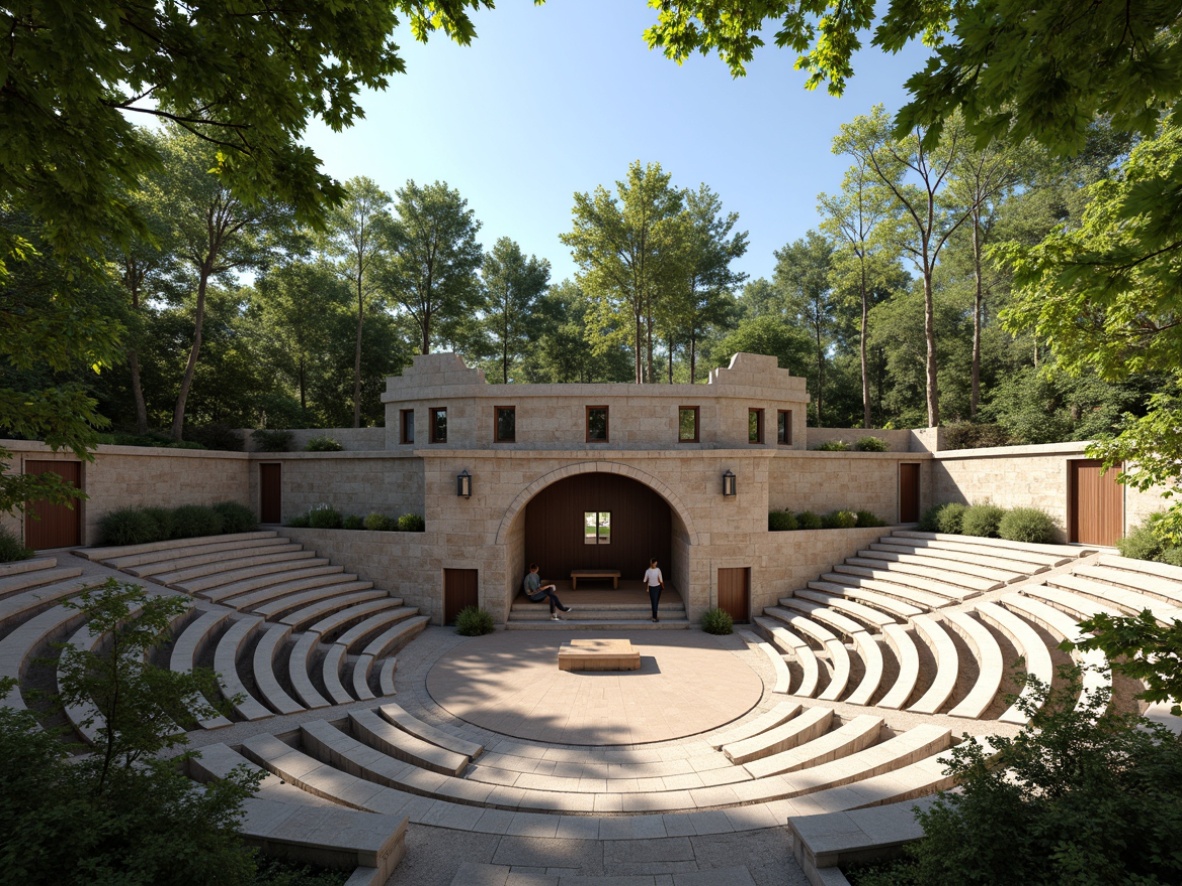 Prompt: Natural stone amphitheater, tiered seating, lush greenery surroundings, warm sunny day, clear blue sky, open-air performance space, sound-reflecting surfaces, acoustic shell design, optimal speaker placement, minimalist stage design, wooden flooring, rusticated stone walls, intimate audience experience, soft warm lighting, shallow depth of field, 3/4 composition, panoramic view, realistic textures, ambient occlusion.