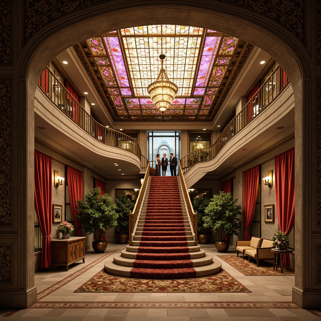 Prompt: Luxurious hotel lobby, grand staircase, ornate metalwork, flowing organic lines, sinuous curves, intricate moldings, vibrant floral patterns, stained glass ceiling, crystal chandelier, rich velvet drapes, polished marble floors, lavish furnishings, gilded accents, soft warm lighting, shallow depth of field, 1/1 composition, romantic atmosphere, whimsical Art Nouveau motifs, opulent decorations, elegant archways, majestic columns, dramatic drapery, sophisticated color palette.