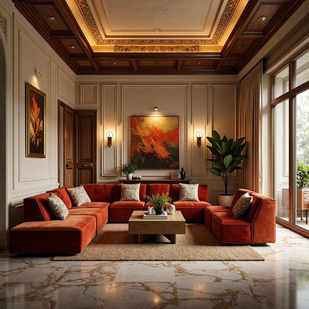 Prompt: Luxurious living room, rich velvet fabrics, intricate wooden carvings, plush area rugs, ornate ceiling moldings, warm golden lighting, soft cream-colored walls, elegant marble flooring, sophisticated furniture designs, vibrant abstract artwork, natural stone accents, cozy reading nooks, comfortable sectional sofas, decorative pillows with subtle sheen, ambient warm glow, shallow depth of field, 1/1 composition, realistic textures.