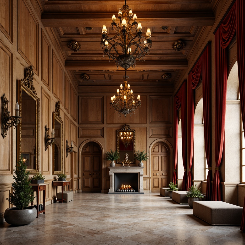 Prompt: Rustic hall interior, wooden wall panels, distressed finishes, earthy tones, natural stone flooring, grand chandelier, ornate mirrors, rich velvet drapes, elegant archways, refined molding details, warm golden lighting, soft focus, 1/1 composition, realistic textures, ambient occlusion.