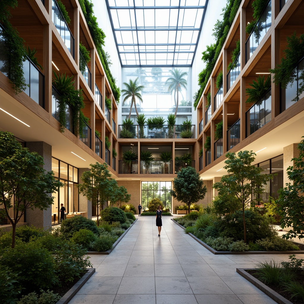 Prompt: Vibrant atrium, lush greenery, natural stone walls, wooden accents, clerestory windows, skylights, open floor plan, minimal obstruction, reflective surfaces, diffused soft light, warm ambiance, subtle shadows, 1/1 composition, shallow depth of field, realistic textures, ambient occlusion, sustainable design, energy efficiency, eco-friendly materials, innovative glazing systems, optimized building orientation, solar gain minimization.